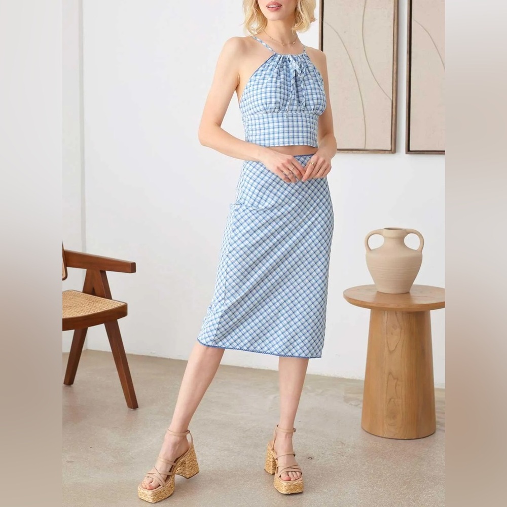 Le Lis Blue Plaid Halter Top and Lace Trim Midi Skirt with Side Slit Set - Picture 11 of 12